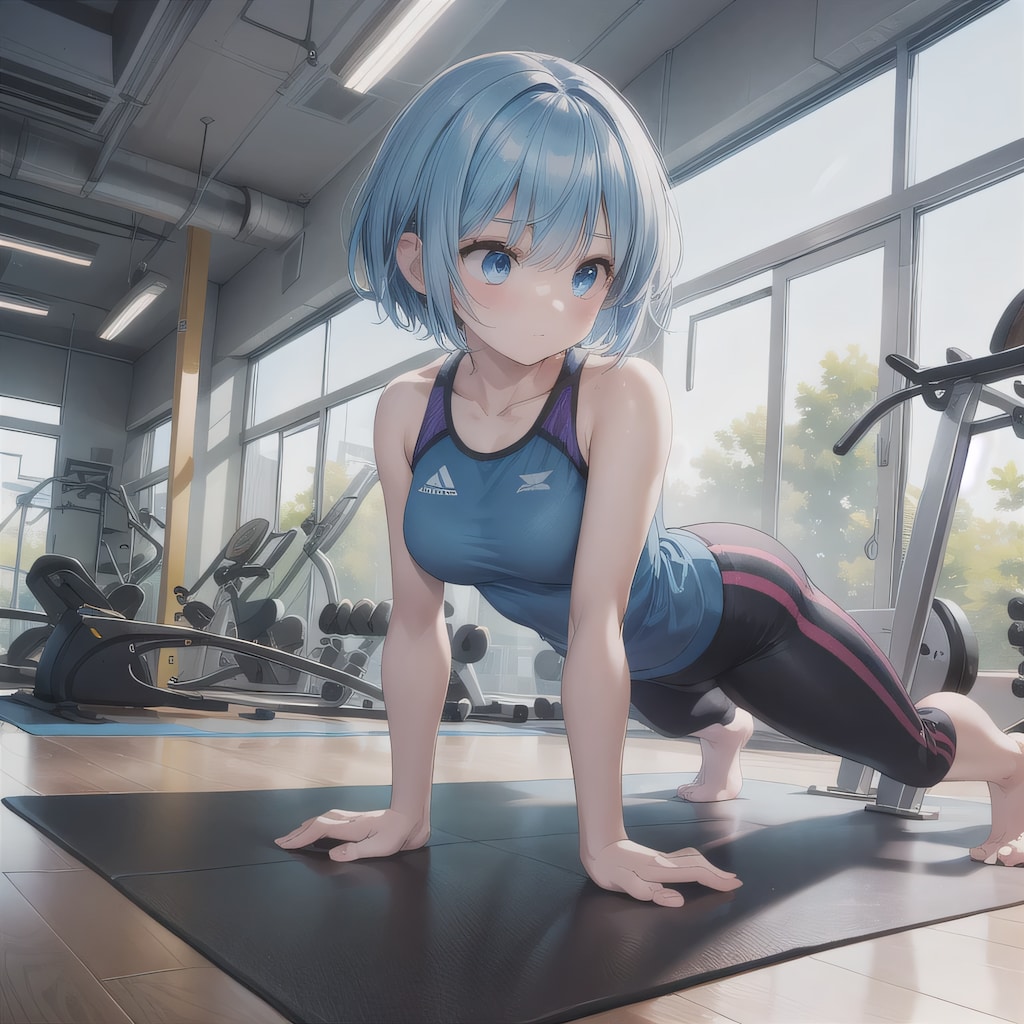 青髪ボブで筋トレの少女