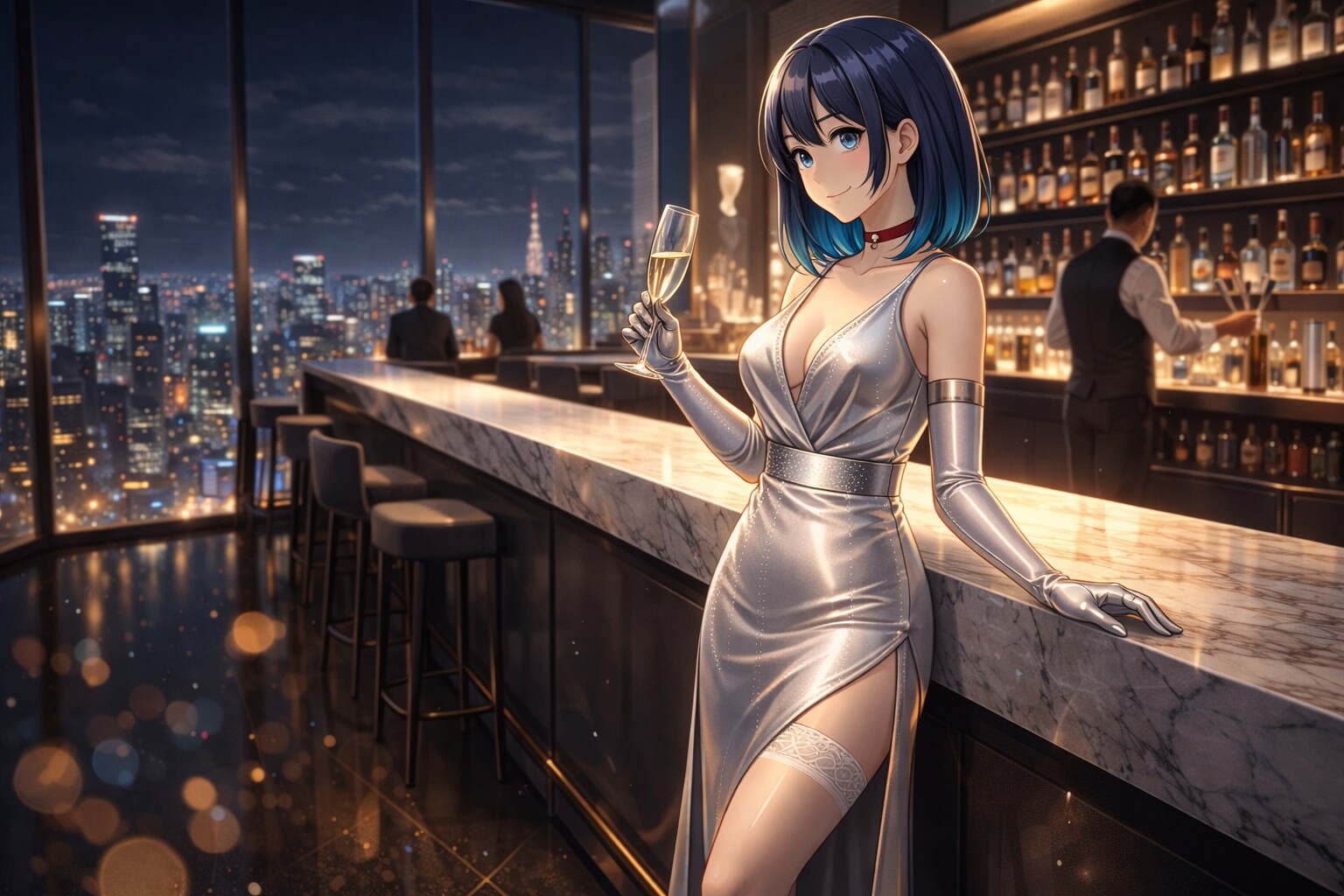 夜景に溶けるシルバードレスの彼女