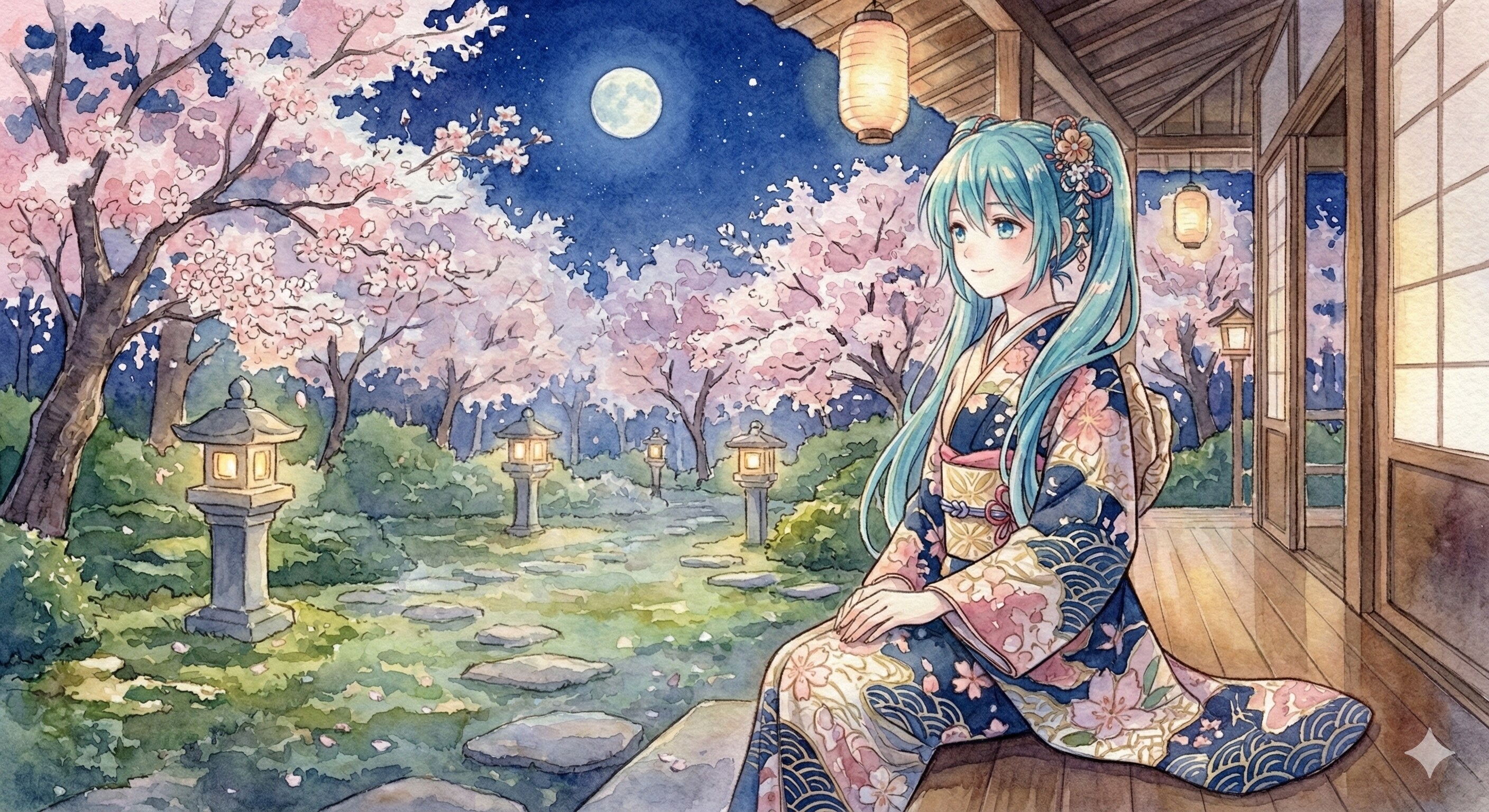 水彩画ミクさん　藍色の振袖ミクさんが微笑む月夜 | の人気AIイラスト・グラビア