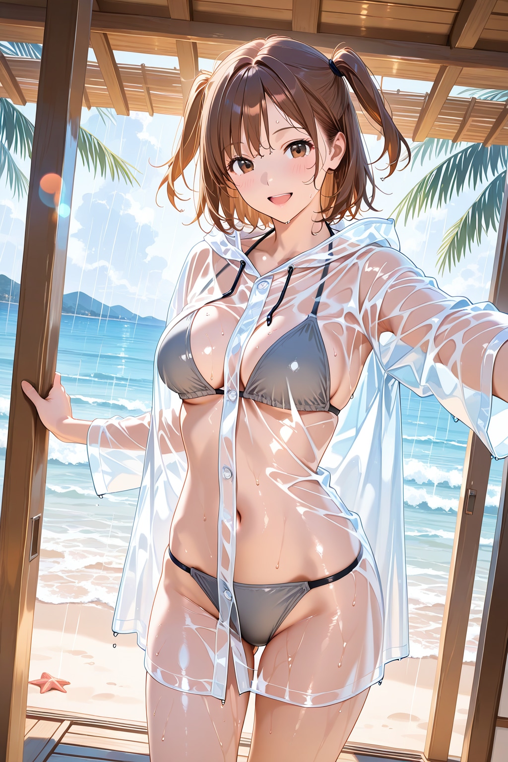 雨降ってきた♡　シースルー・レインコートのお姉さん