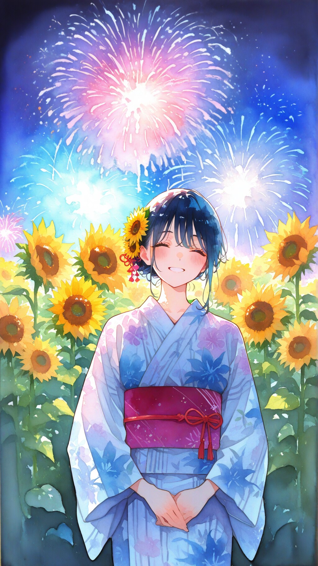 笑顔とひまわりと花火