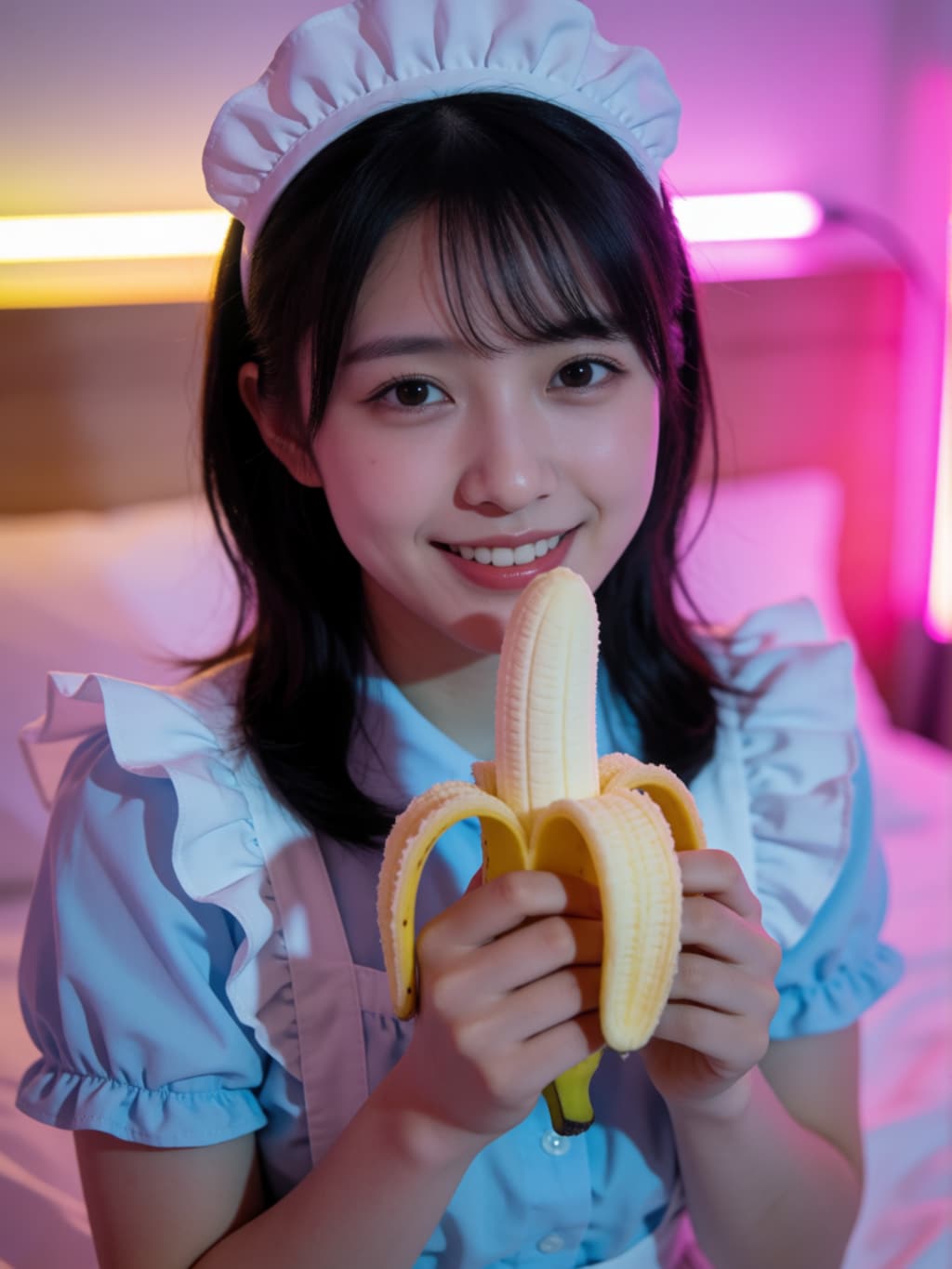 雰囲気のある部屋でバナナを食べてくれるメイドさん
