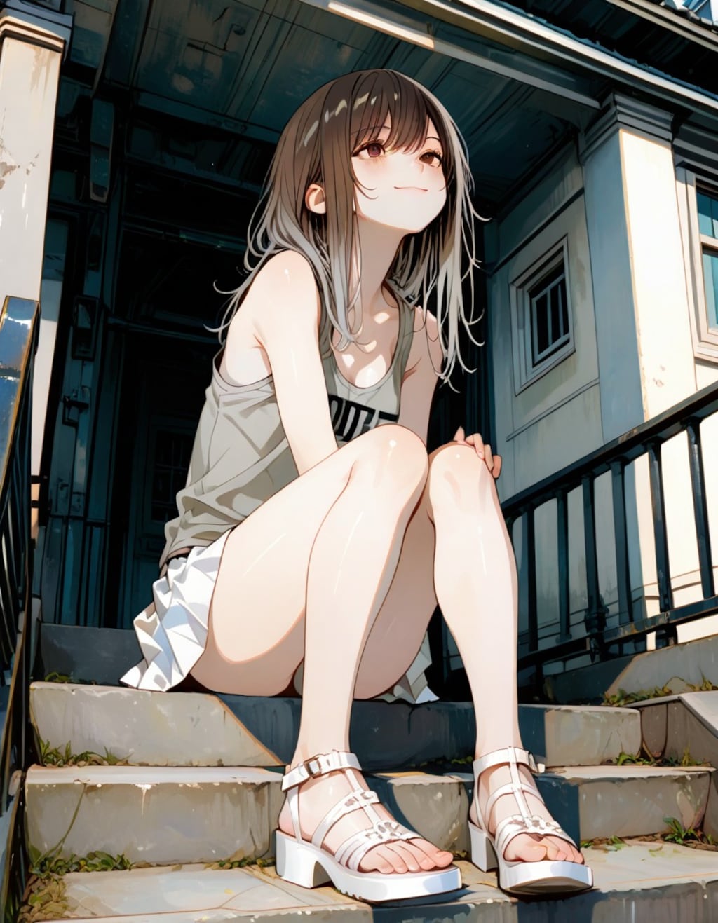 階段に座って見上げる子