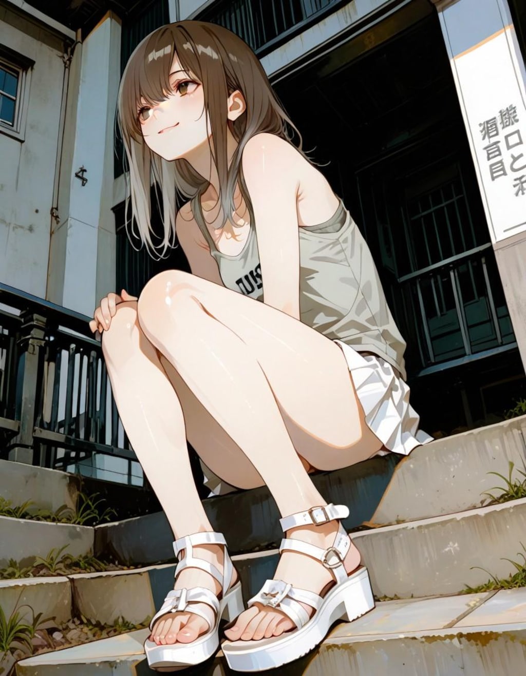 階段に座って見上げる子