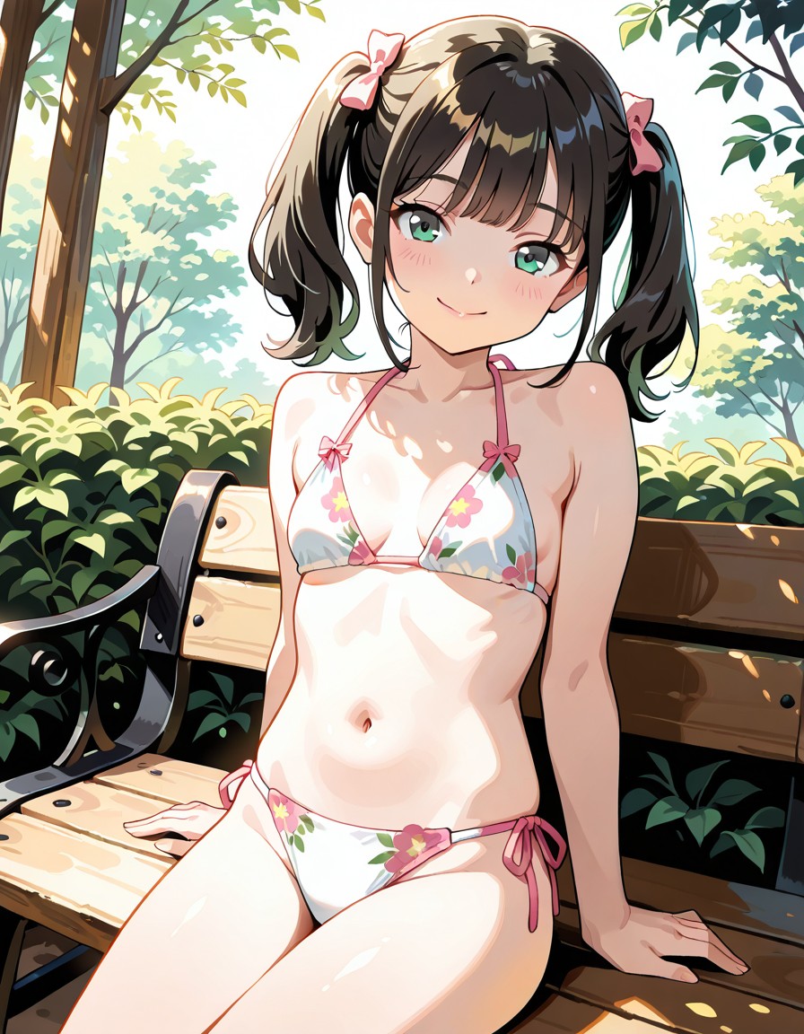 ベンチに座るビキニ娘