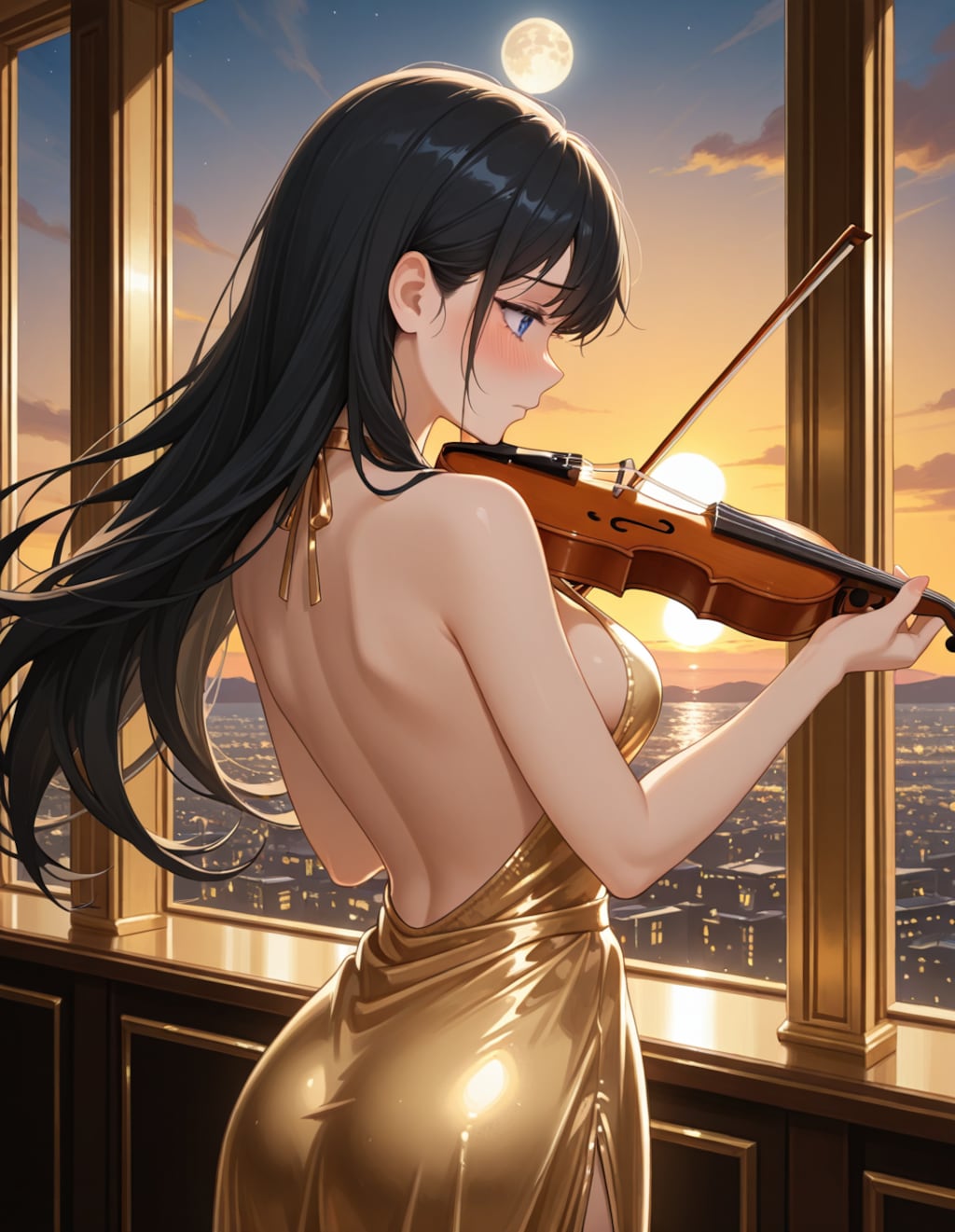 イブニングドレスでバイオリンを弾く葵さん(PixAI版)