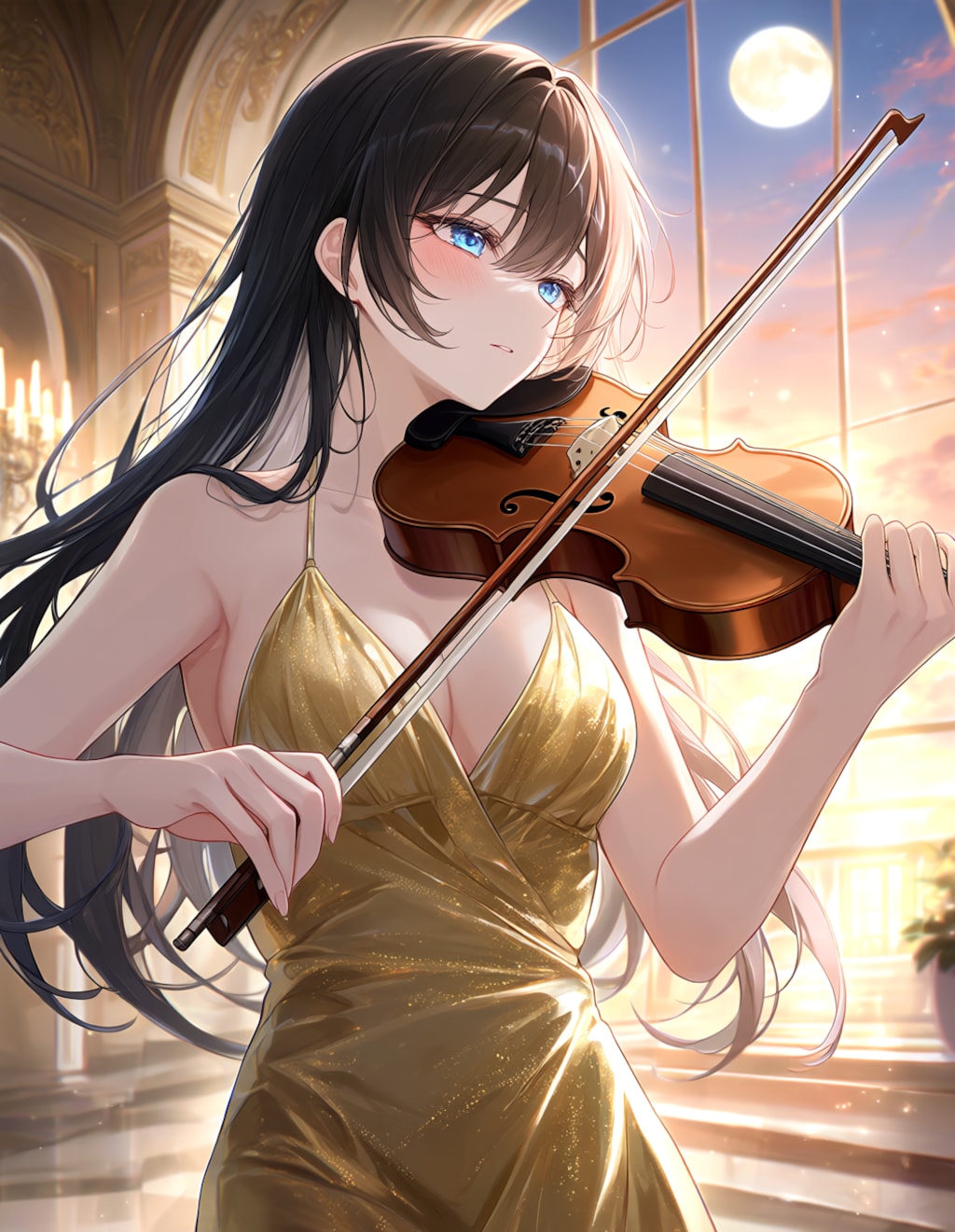 イブニングドレスでバイオリンを弾く葵さん(PixAI版)