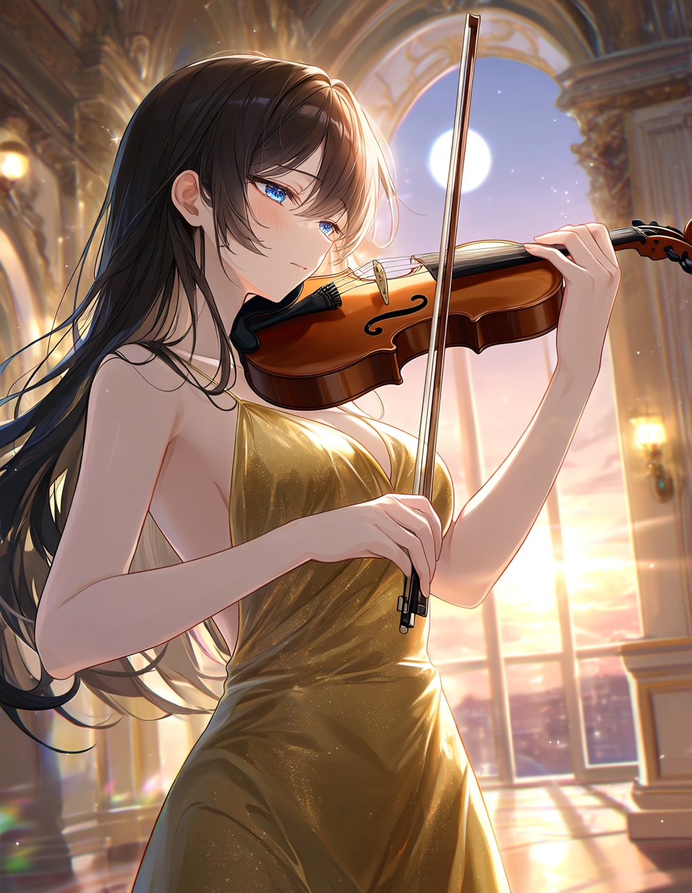 イブニングドレスでバイオリンを弾く葵さん(PixAI版)