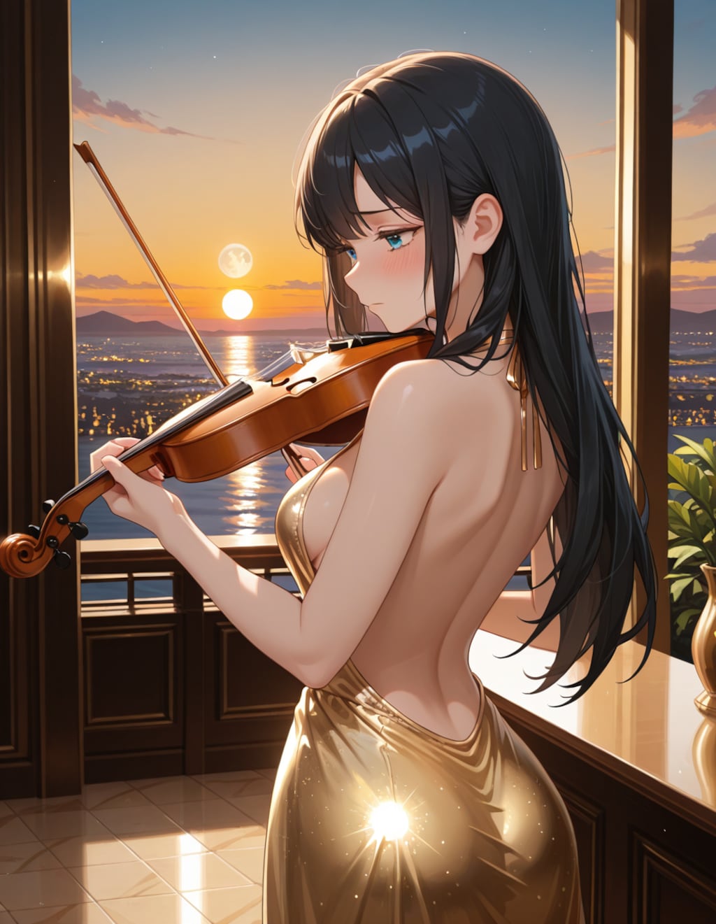 イブニングドレスでバイオリンを弾く葵さん(PixAI版)