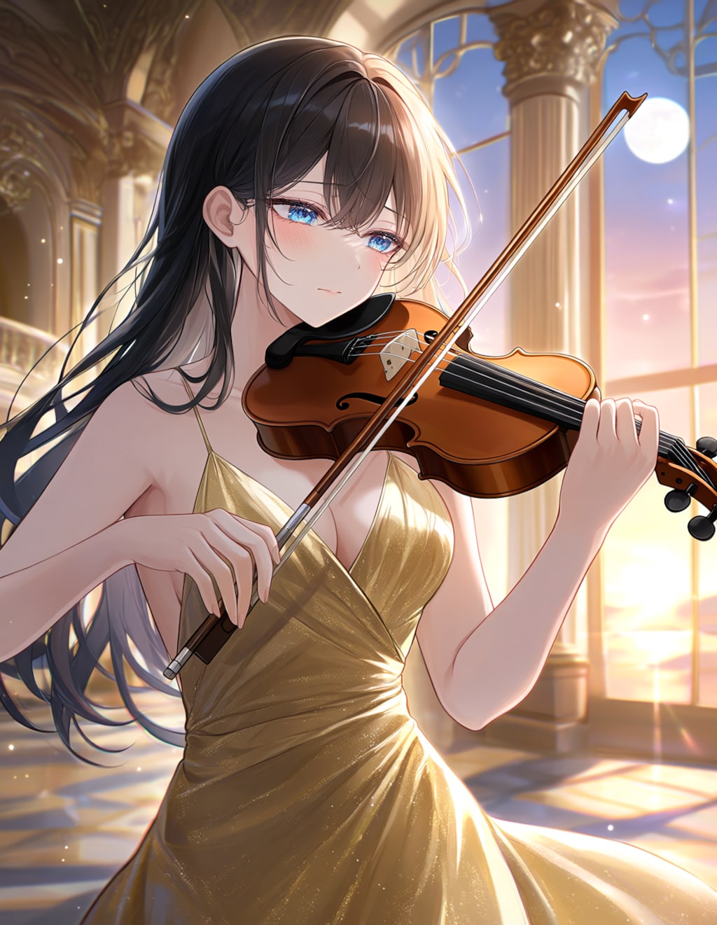 イブニングドレスでバイオリンを弾く葵さん(PixAI版)