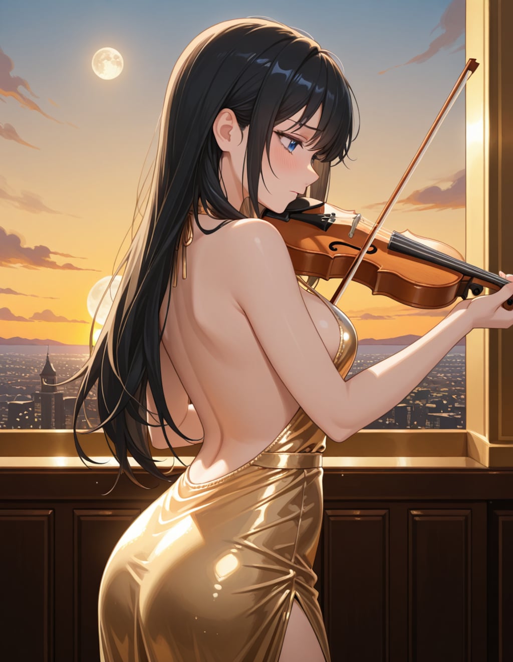 イブニングドレスでバイオリンを弾く葵さん(PixAI版)