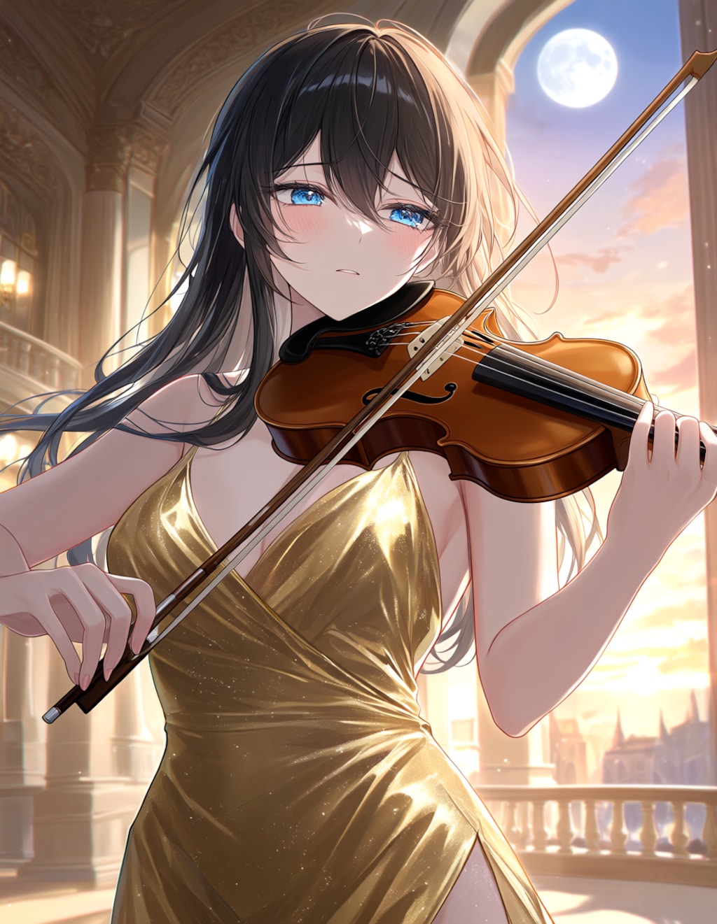 イブニングドレスでバイオリンを弾く葵さん(PixAI版)