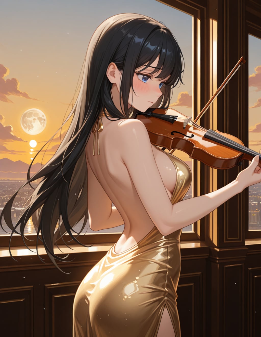 イブニングドレスでバイオリンを弾く葵さん(PixAI版)
