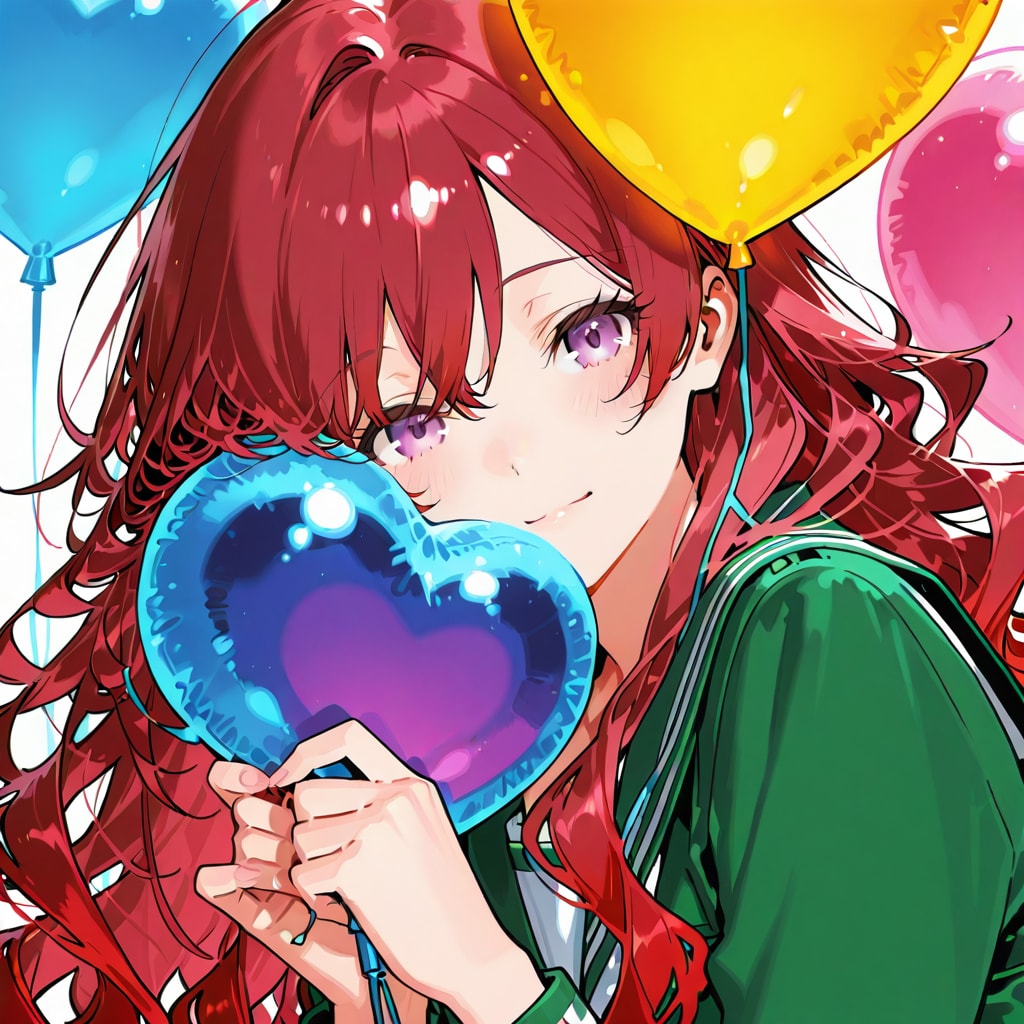 色とりどりの風船を持つ赤い髪ロングウェーブヘアのセーラー服着た美少女 | の人気AIイラスト・グラビア