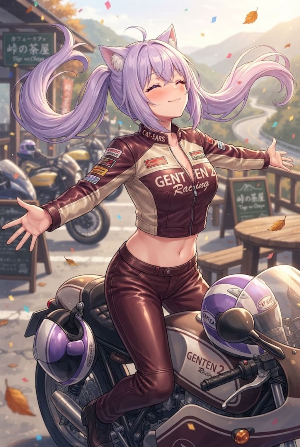 思いっきり深呼吸するライダースーツのシス