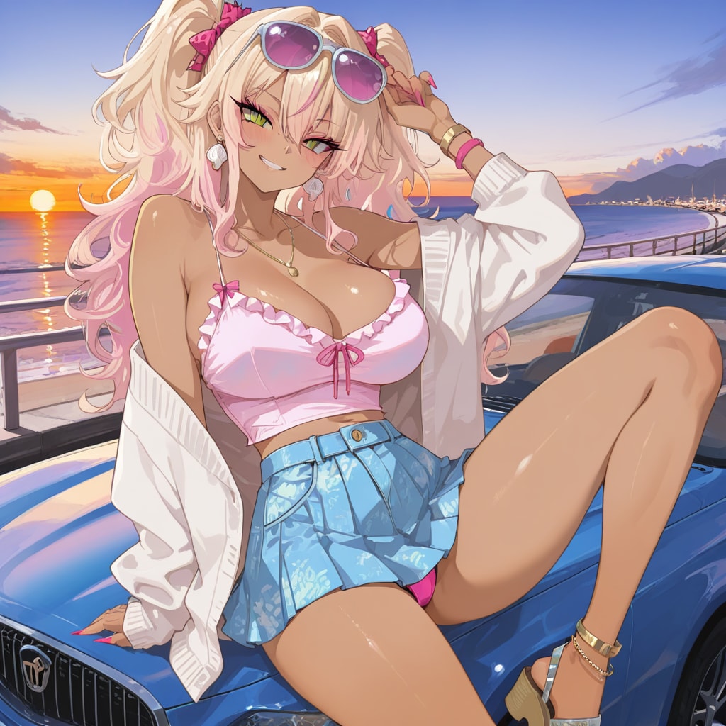 夕暮れの海辺ドライブコーデ