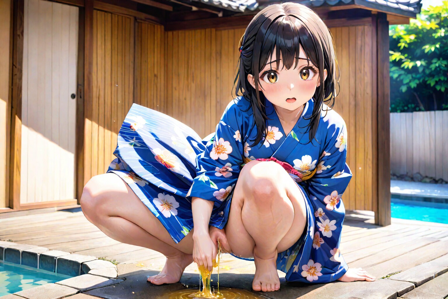 女の子「見ちゃダメ（慌てて隠すが、手がおしっこでびちゃびちゃ）どうしよう？汚いよう」僕「洗うしかないんじゃない？どうせ洗うんだし。」