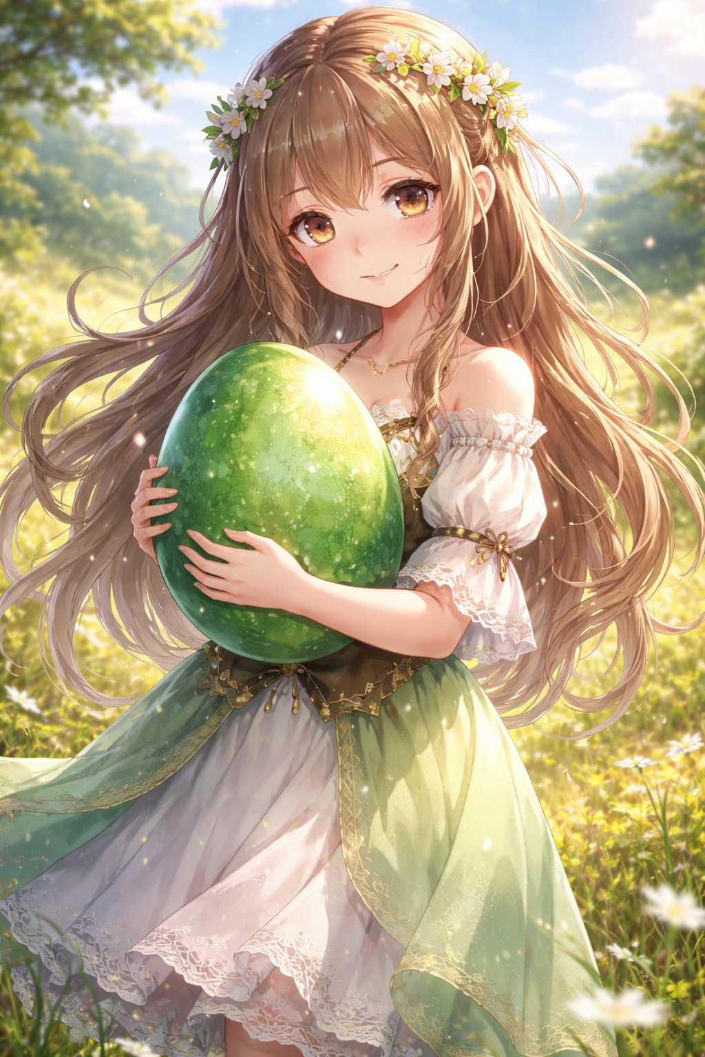 緑の卵を持つ女の子