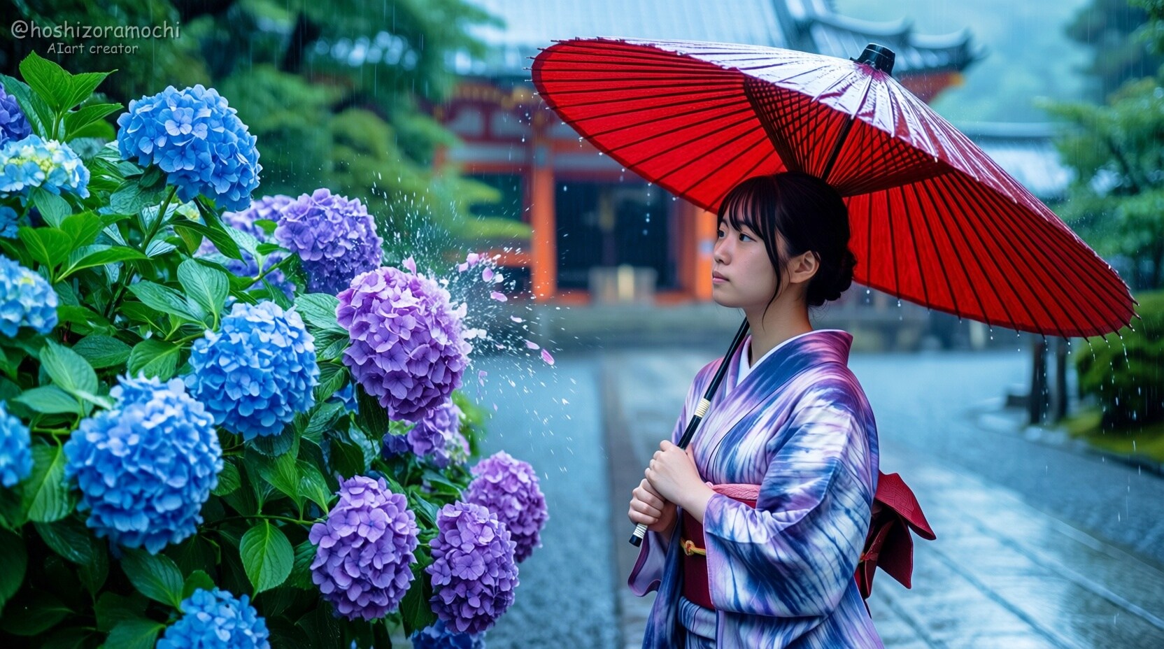 紺青の追憶：和傘に滴る梅雨の調べ | の人気AIイラスト・グラビア