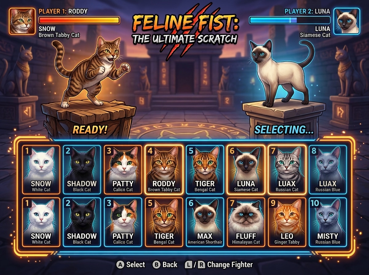 ねこの格闘ゲームのキャラクターセレクト画面