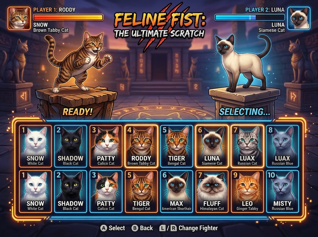 ねこの格闘ゲームのキャラクターセレクト画面