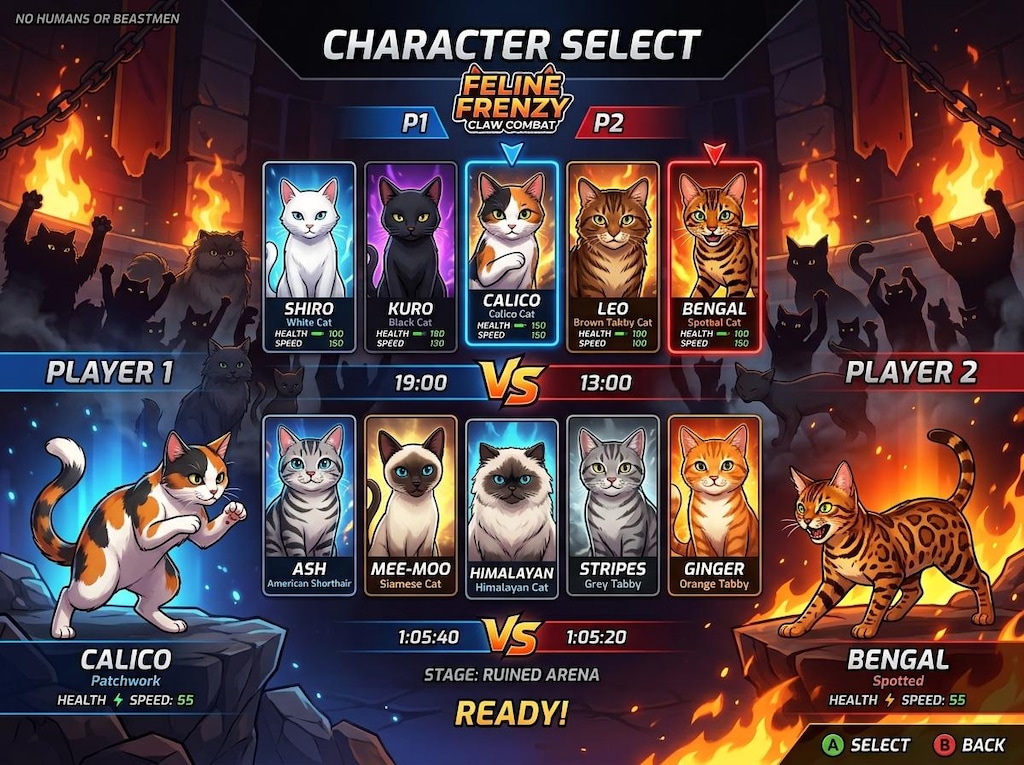 ねこの格闘ゲームのキャラクターセレクト画面
