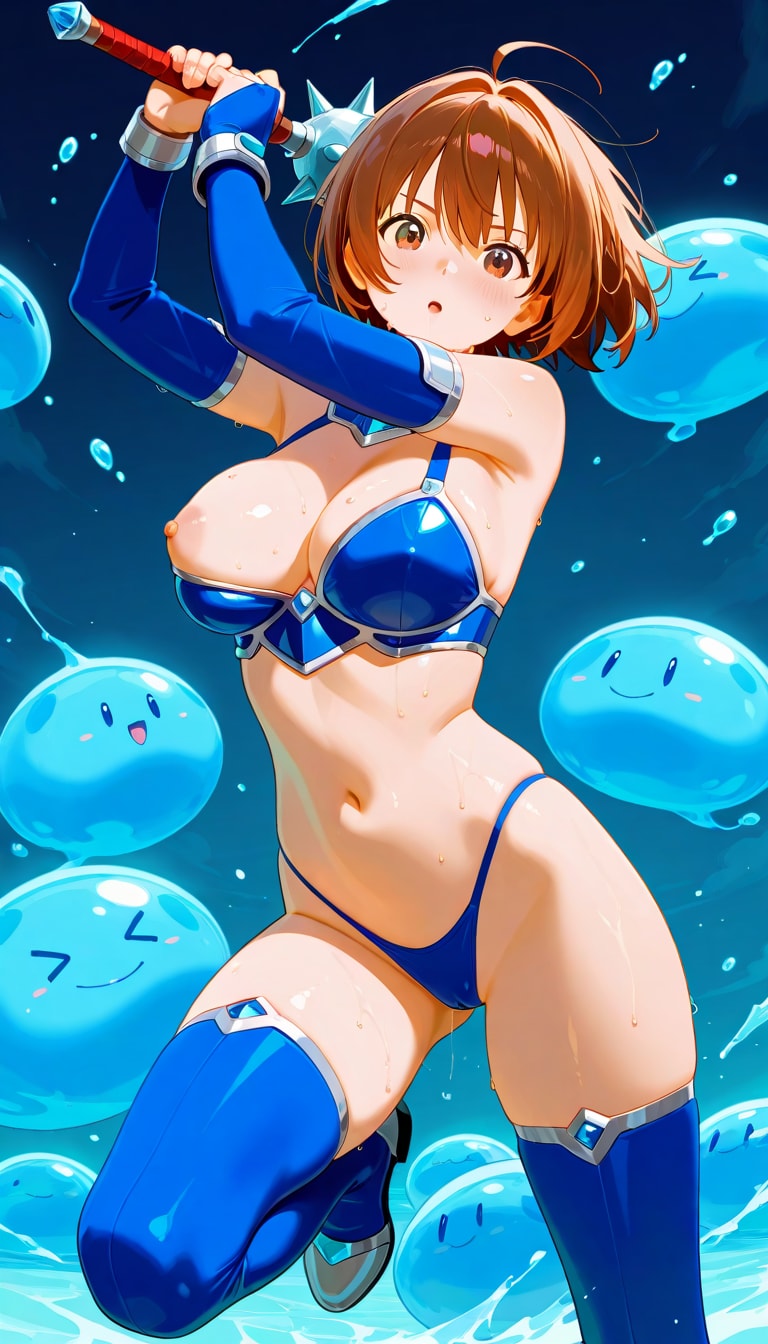 とげとげメイスでリベンジする青ビキニアーマーさん、またしてもスライムに敗北する