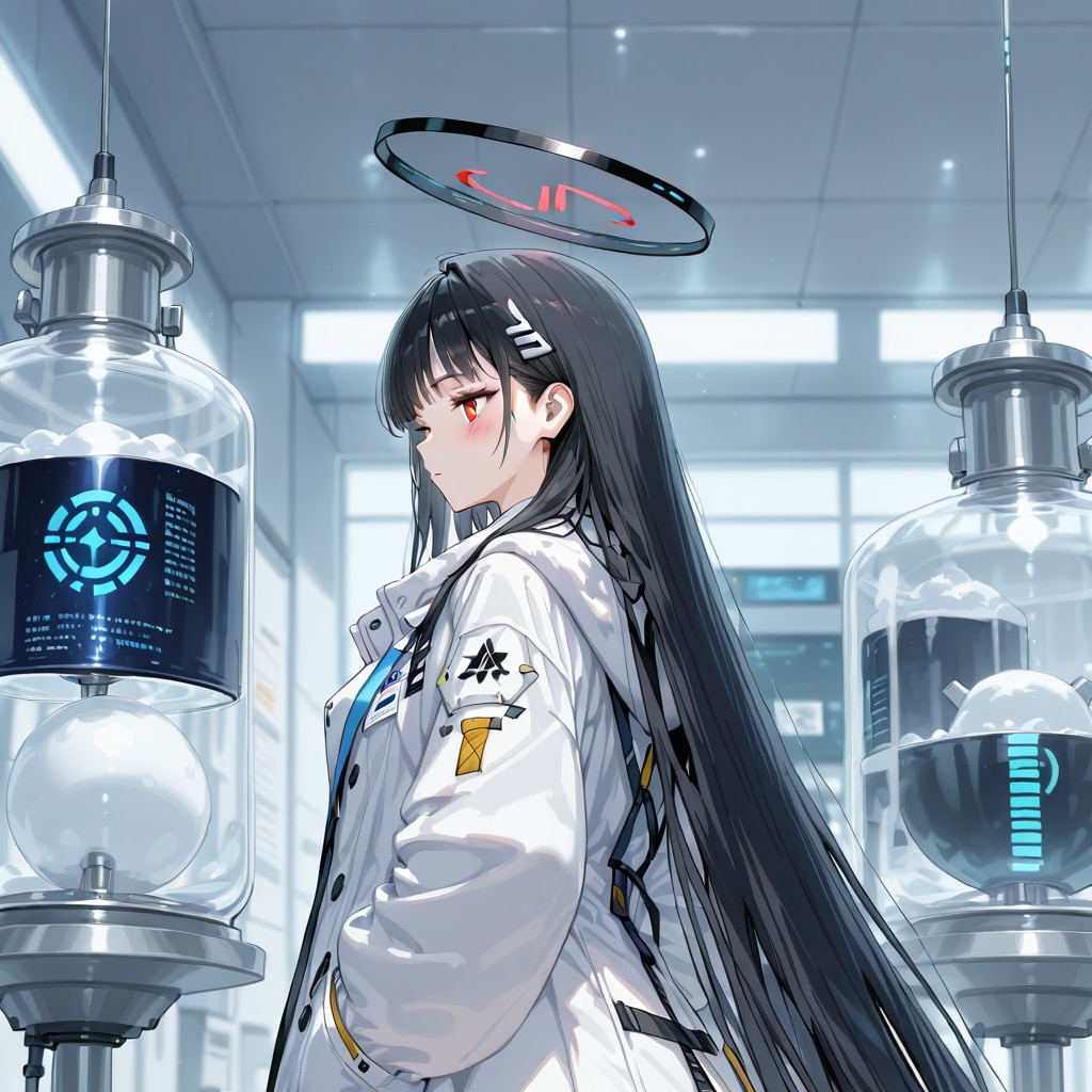 実験室で風船を持つ白衣着た黒髪ロングの美女。 | の人気AIイラスト・グラビア