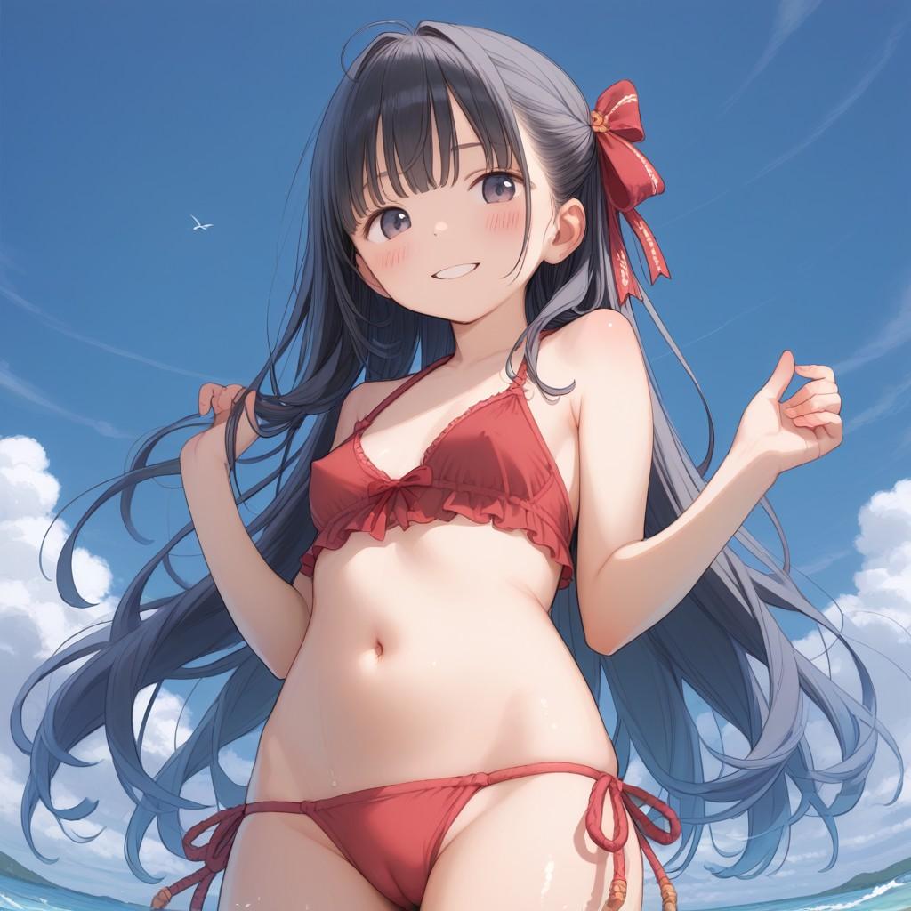 長髪〇リJ〇ちゃんのビキニ姿（赤）