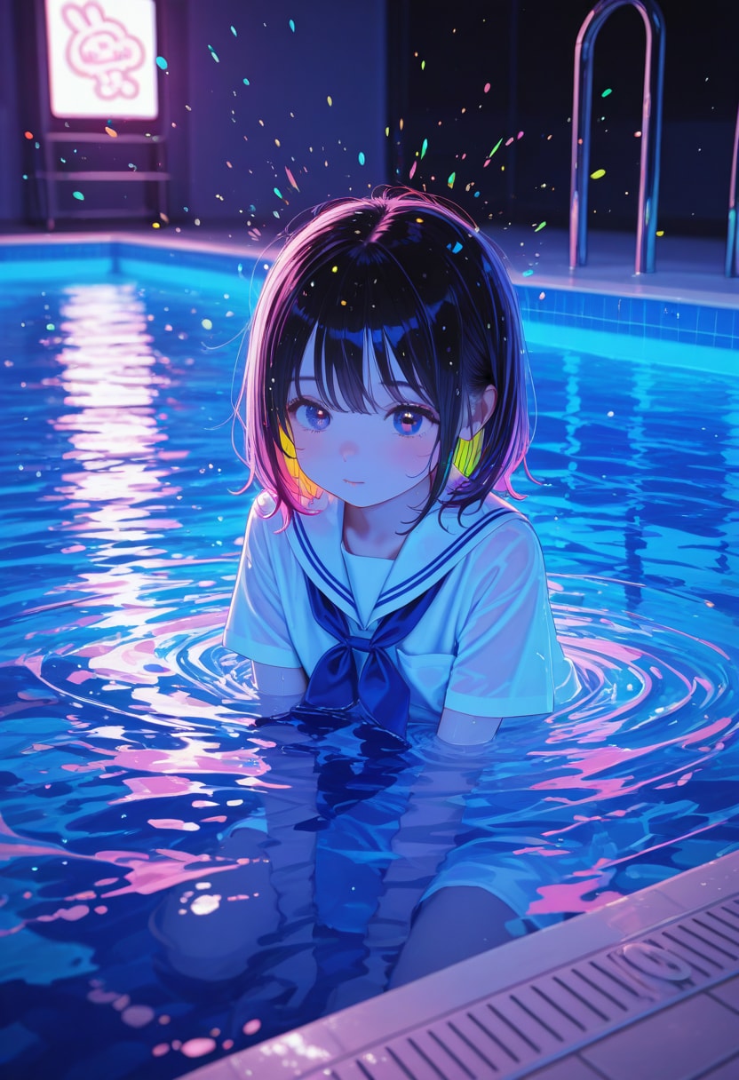 深夜のプール(saturated)(3) | の人気AIイラスト・グラビア