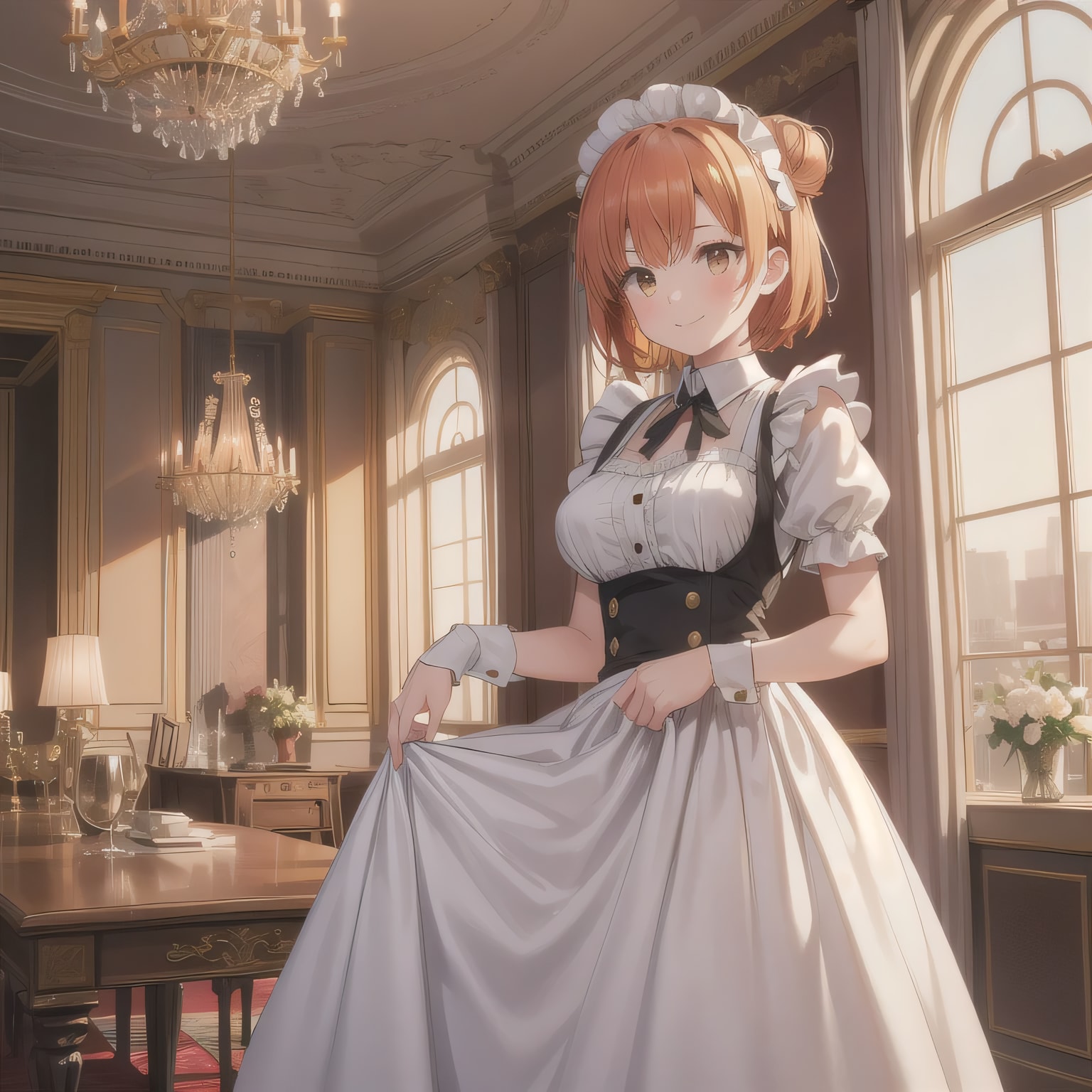 茶髪シニヨンでメイド服の少女 | の人気AIイラスト・グラビア