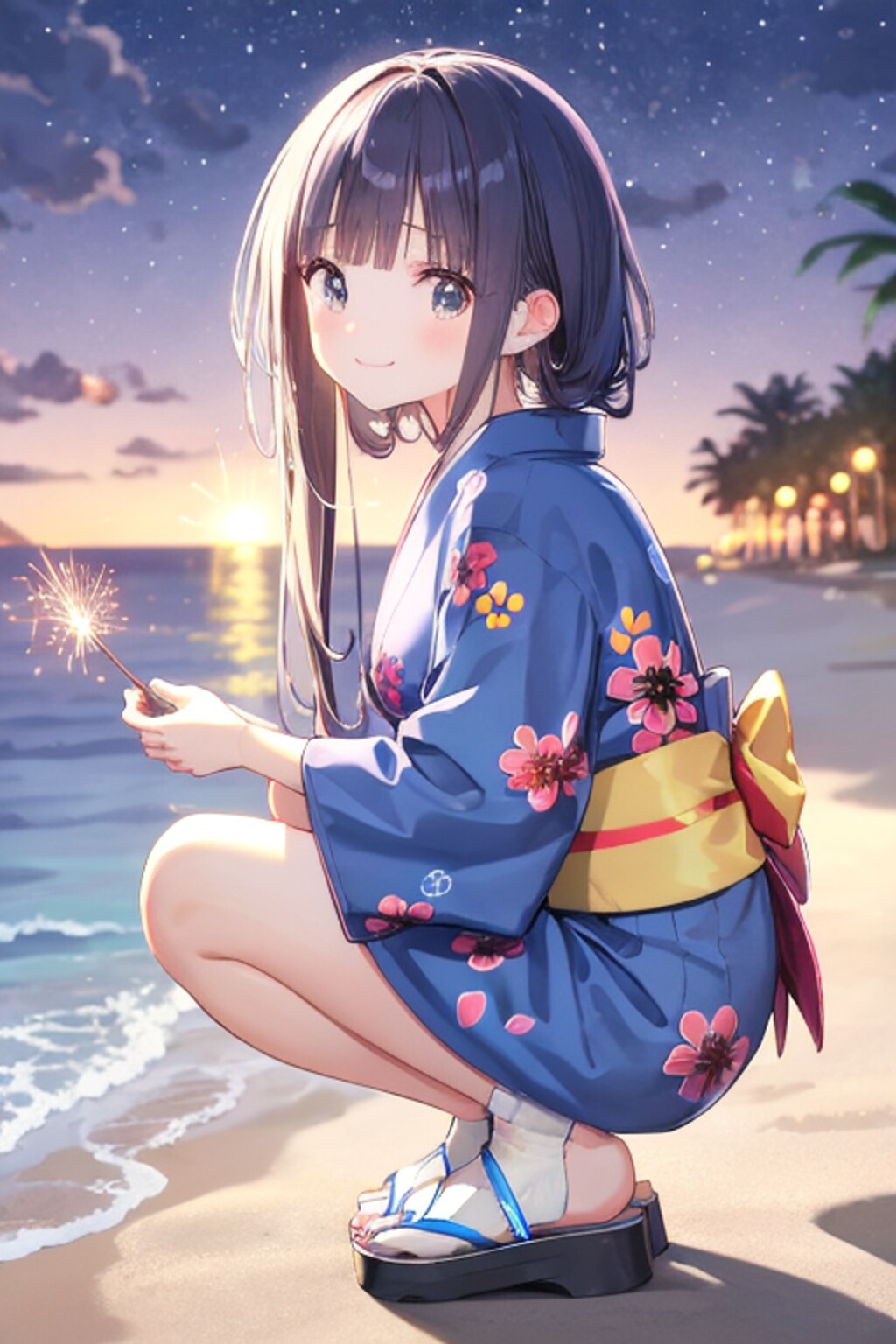 海辺で花火