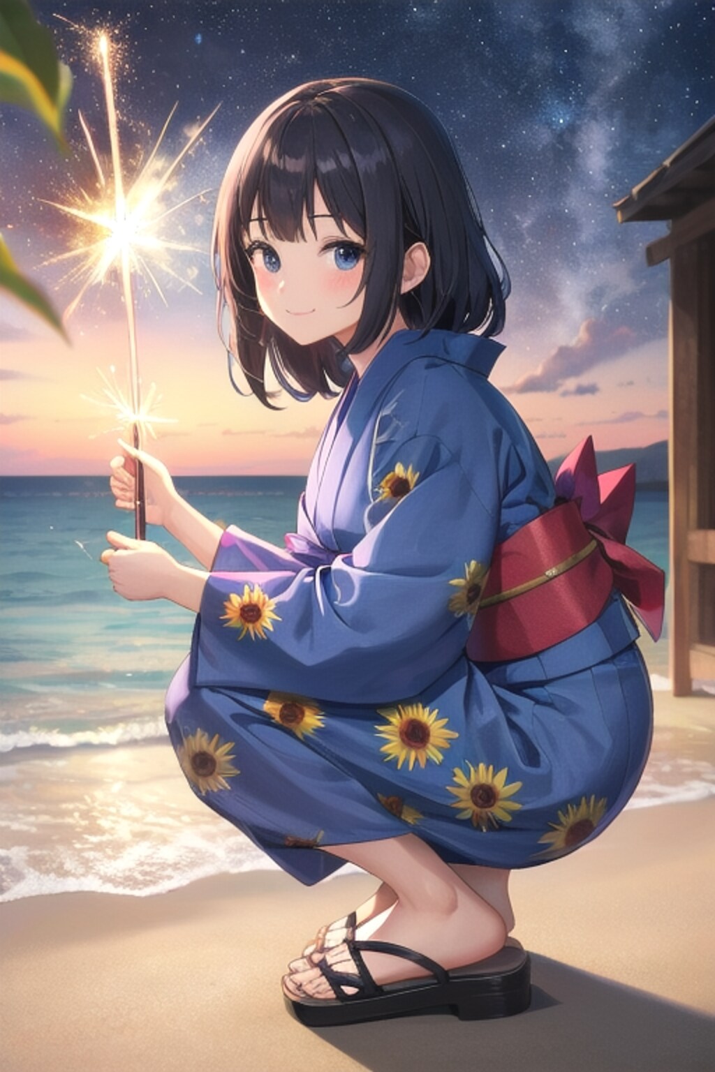 海辺で花火
