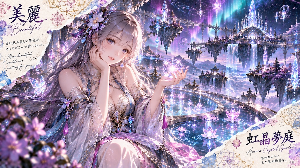 Cradling a small star of light above the Aurora Crystal Garden, floating isles woven with waterfalls