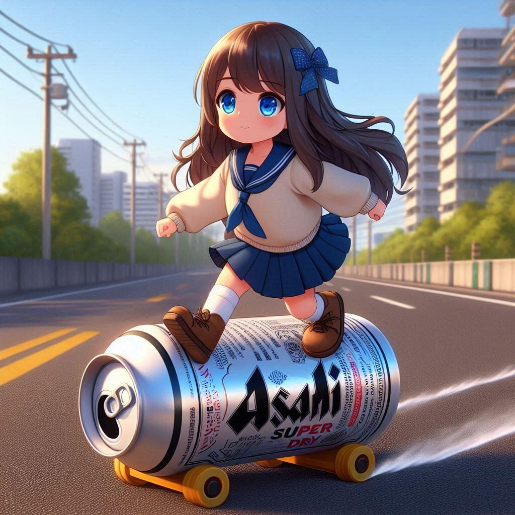 ビール缶に乗って道路を進む小さな女の子