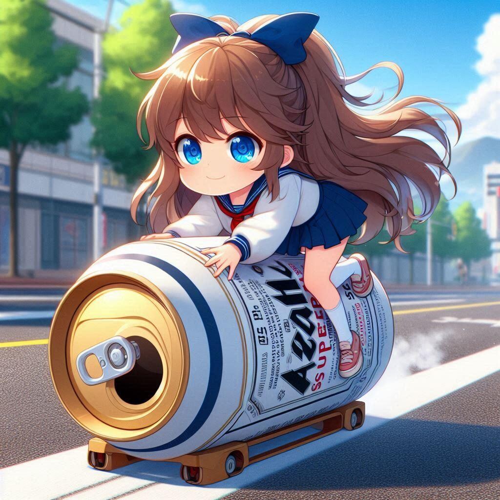 ビール缶に乗って道路を進む小さな女の子