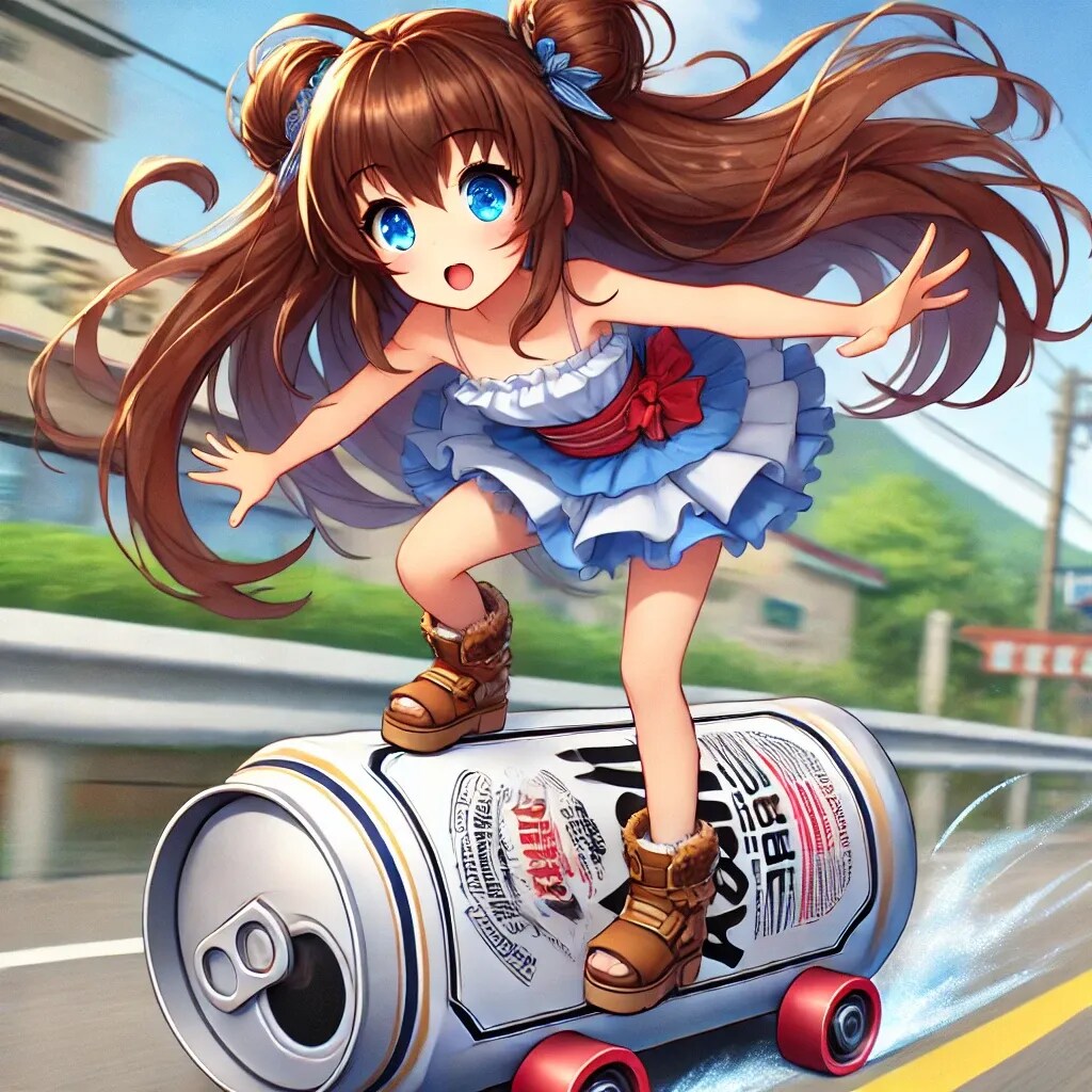 ビール缶に乗って道路を進む小さな女の子