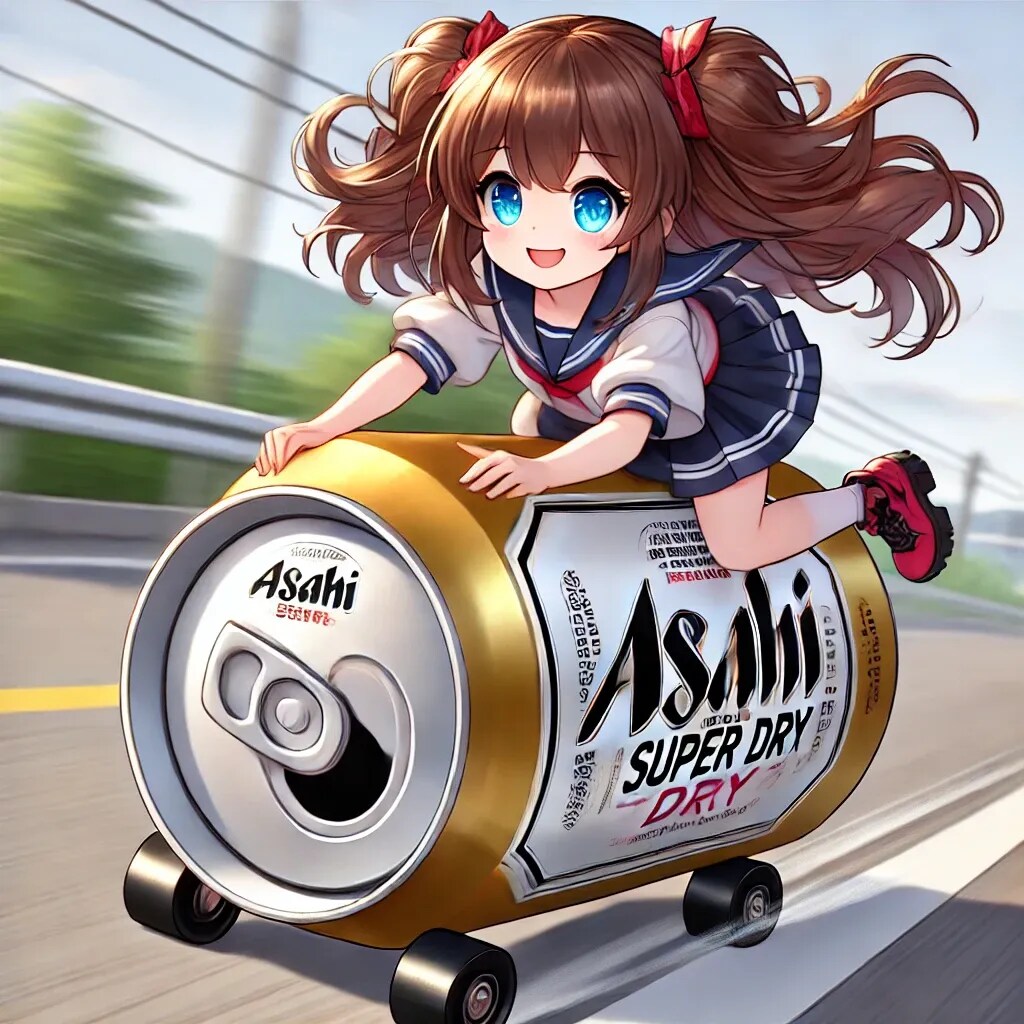 ビール缶に乗って道路を進む小さな女の子 | の人気AIイラスト・グラビア