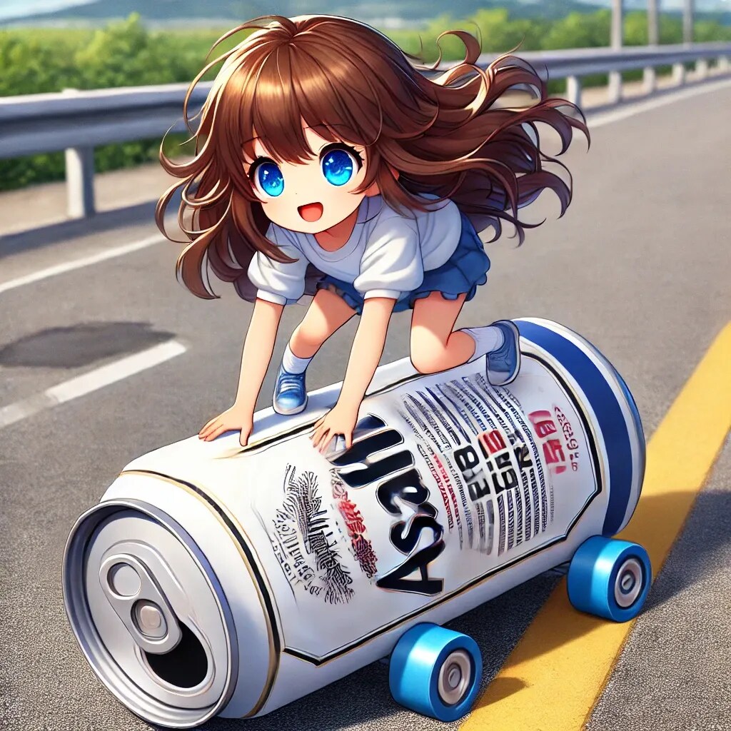 ビール缶に乗って道路を進む小さな女の子