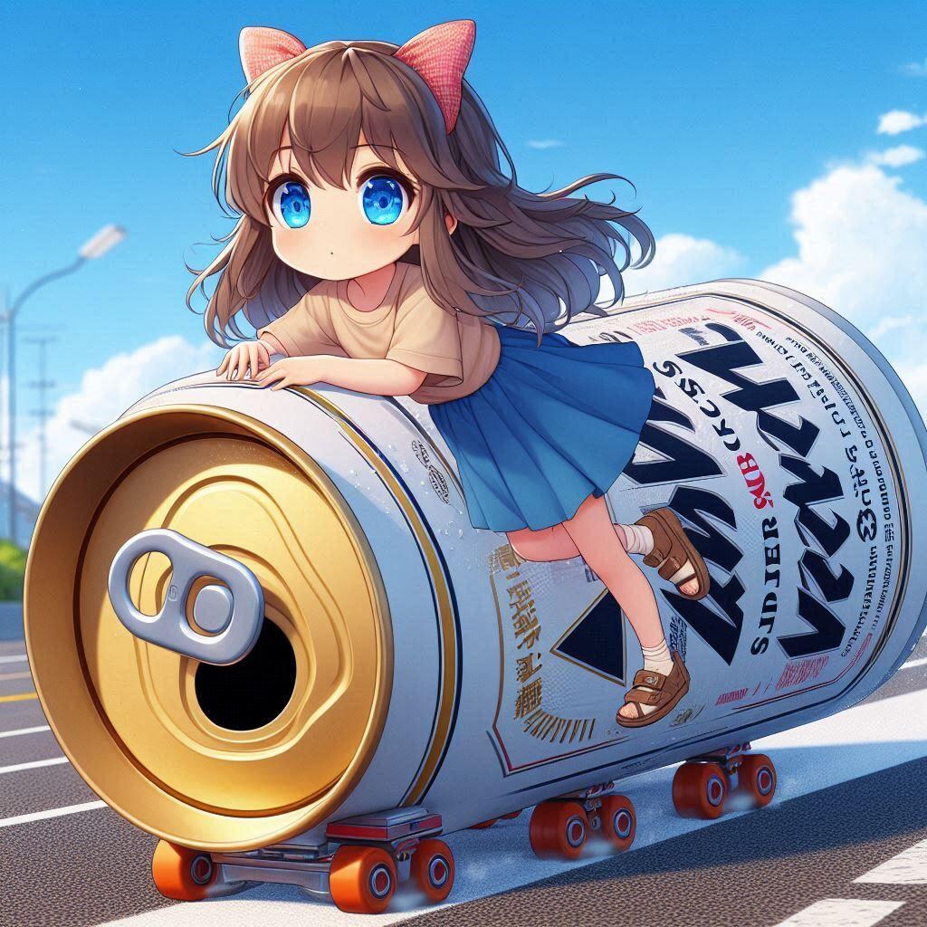 ビール缶に乗って道路を進む小さな女の子
