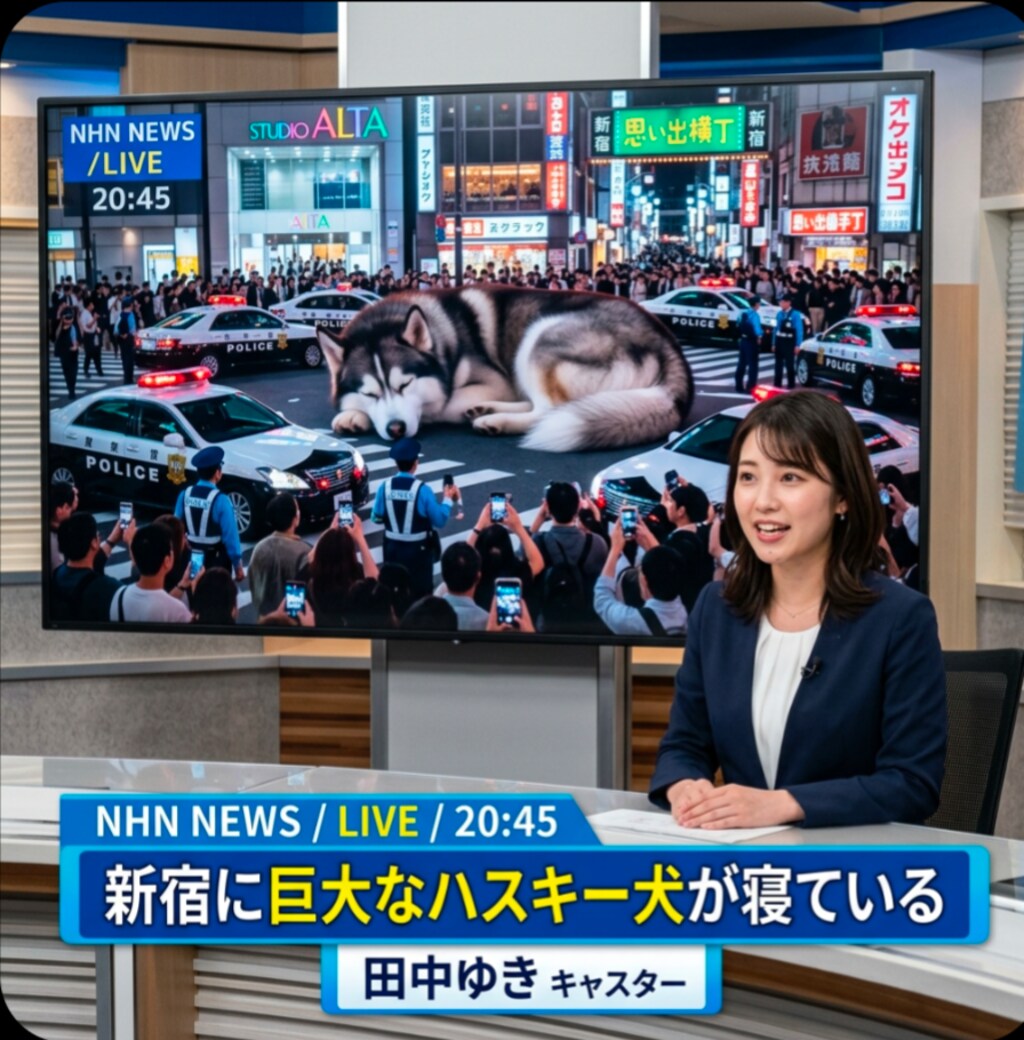 新宿に巨大なハスキー犬