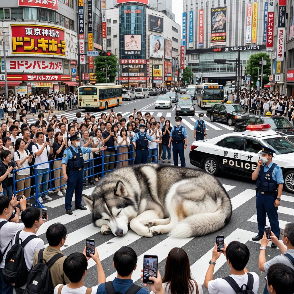 新宿に巨大なハスキー犬