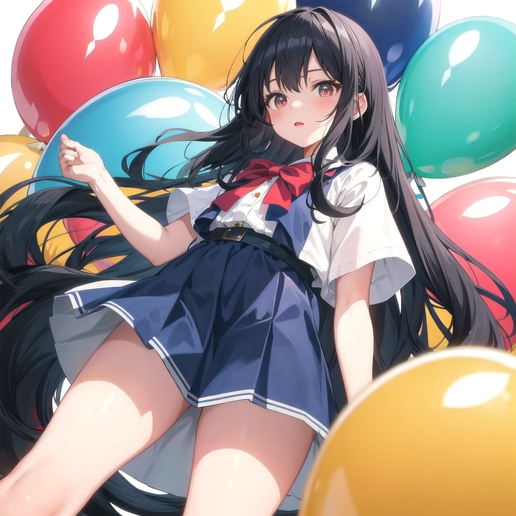 いっぱい色とりどりの巨大風船を持つ黒髪ロングの美少女
