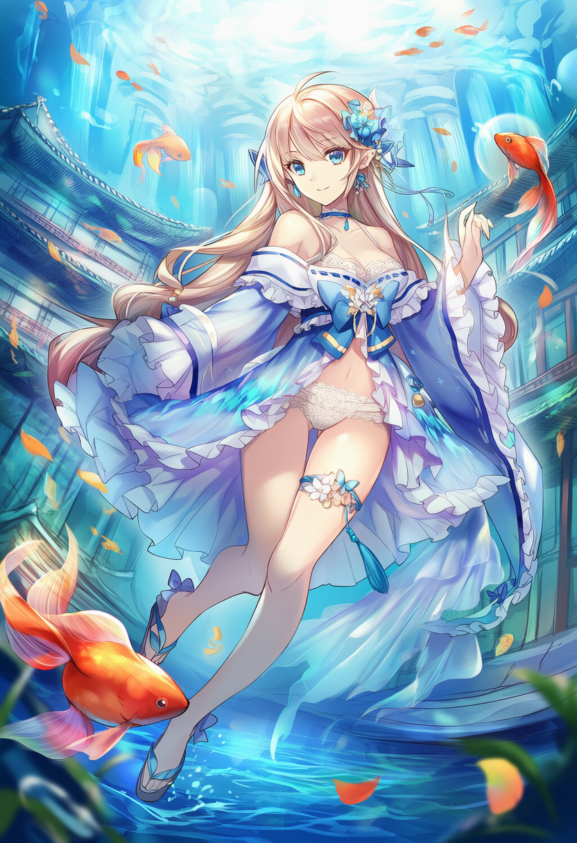 A graceful girl floats in an enchanted garden