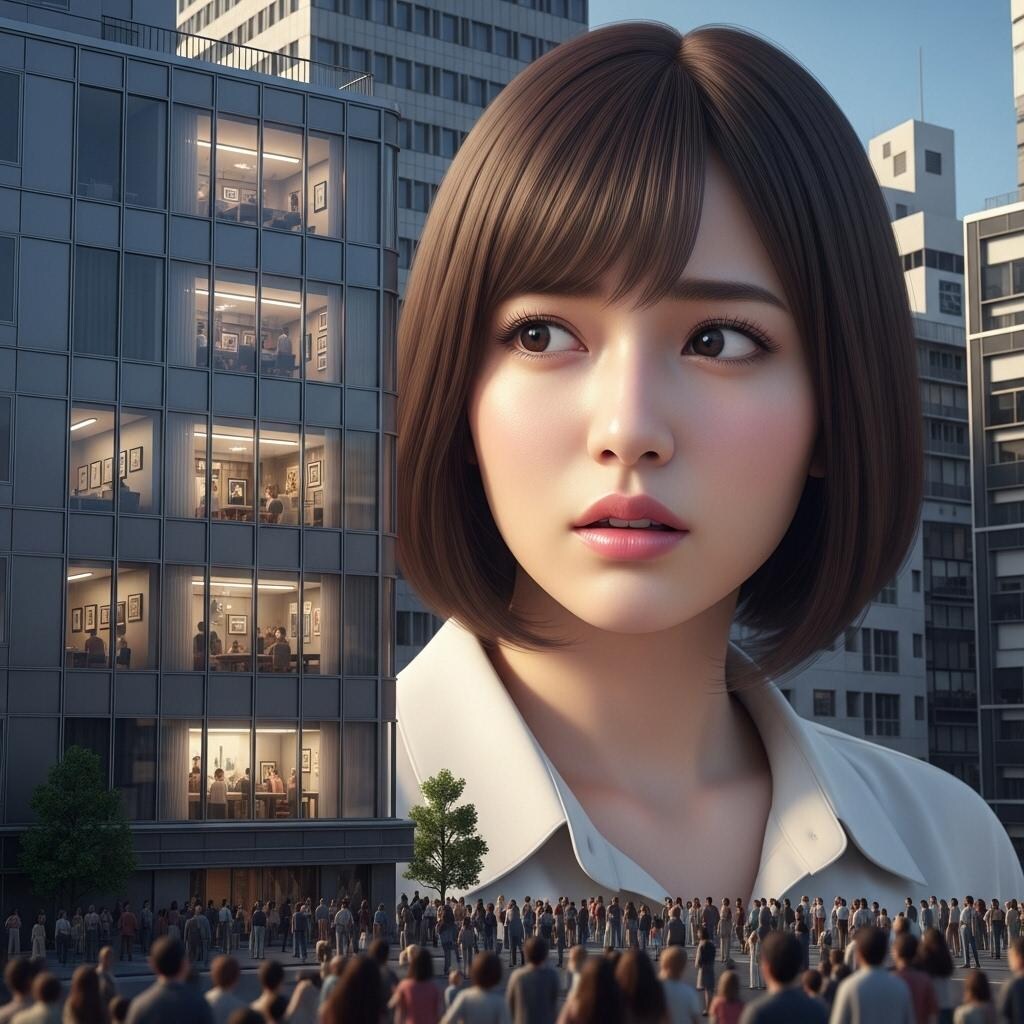 巨大女子がビルの横に