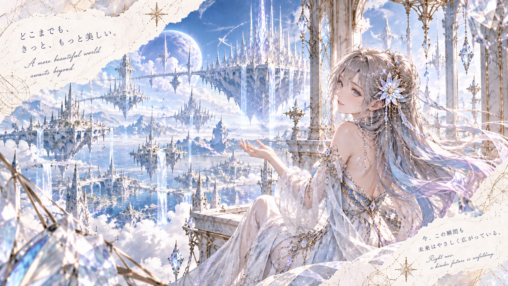 A crystal-draped gaze cast over a sky kingdom of spires, reaching toward a light only she can see. | の人気AIイラスト・グラビア