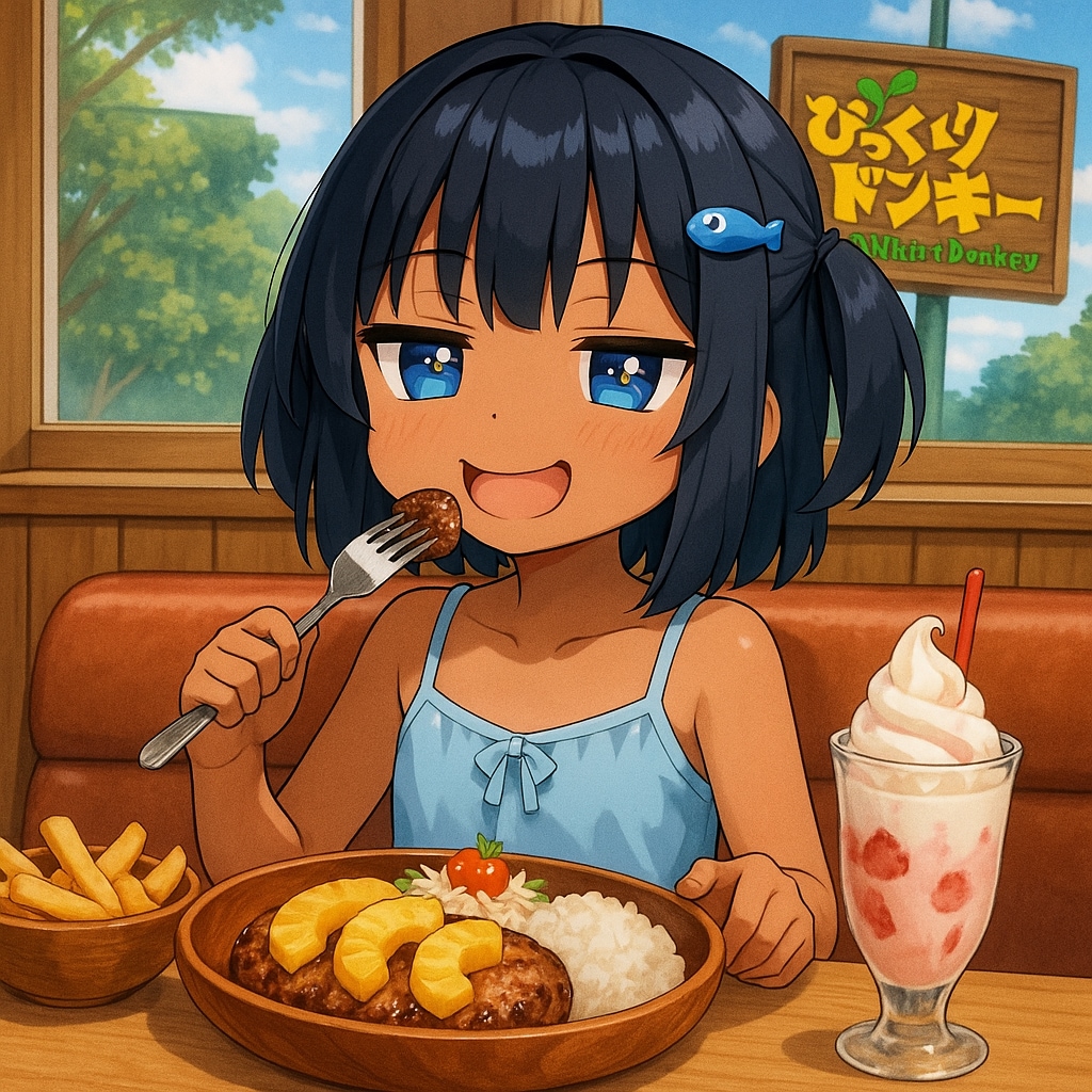 びっくりドンキーでパインバーグディッシュを食べるこなつちゃん