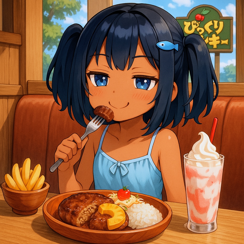 びっくりドンキーでパインバーグディッシュを食べるこなつちゃん