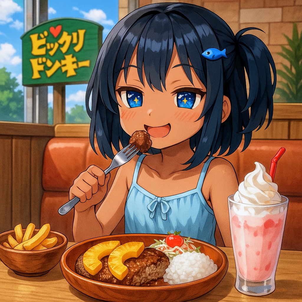 びっくりドンキーでパインバーグディッシュを食べるこなつちゃん