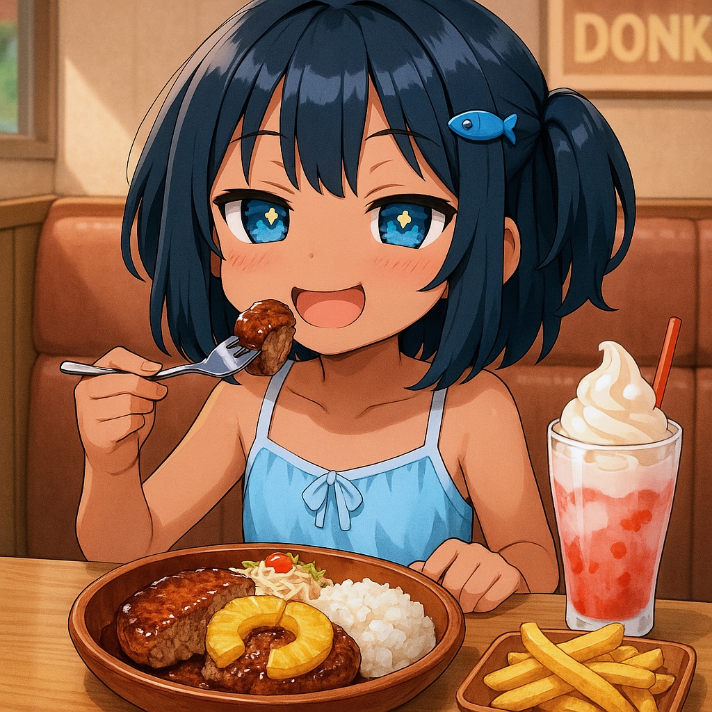 びっくりドンキーでパインバーグディッシュを食べるこなつちゃん